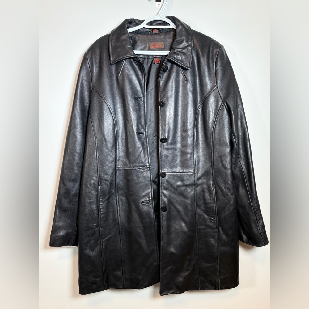 🧥 Danier Black Genuine Leather Mid-Length Coat Women's Large - Picture 2 of 11